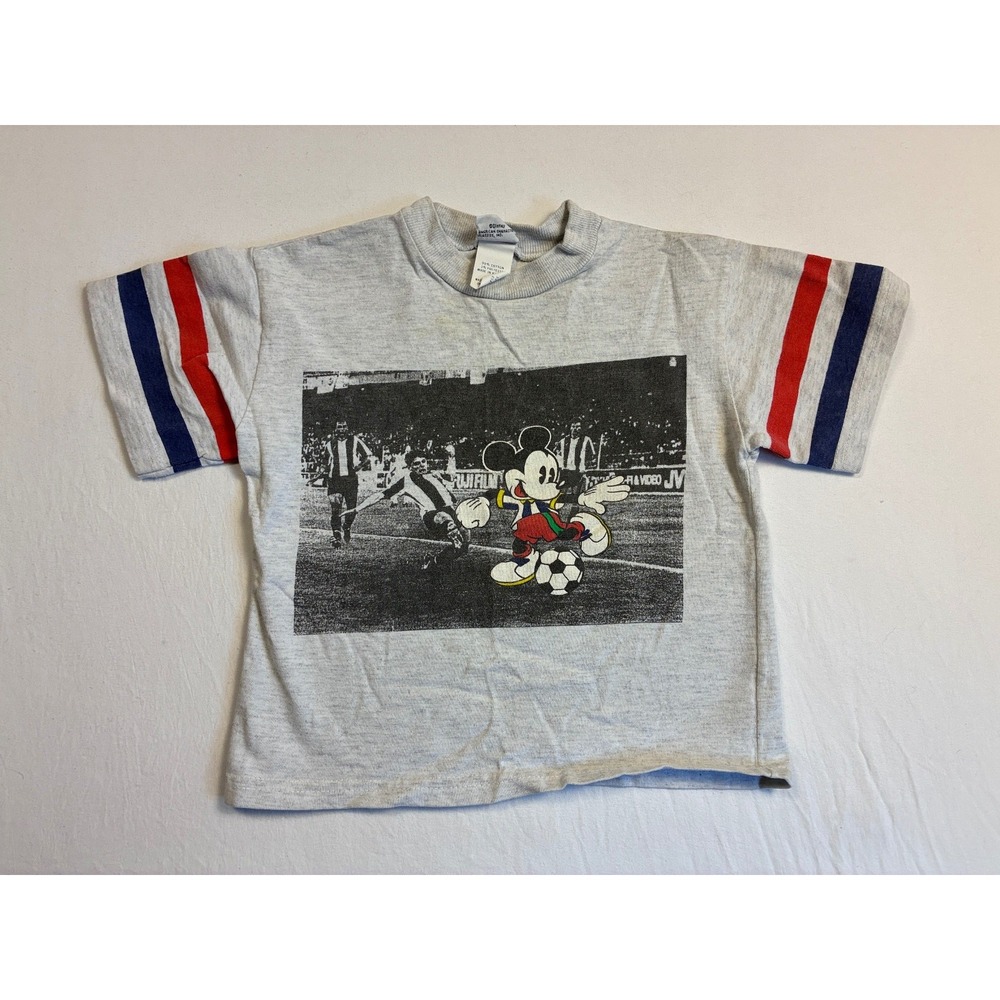 Vintage Disney Mickey Mouse Soccer T Shirt Gray Striped Sleeves Size 5T